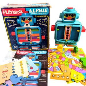 Alphie Electronic Robot 1978 Playskool w/ Game Sheets Box Vintage Needs Repair